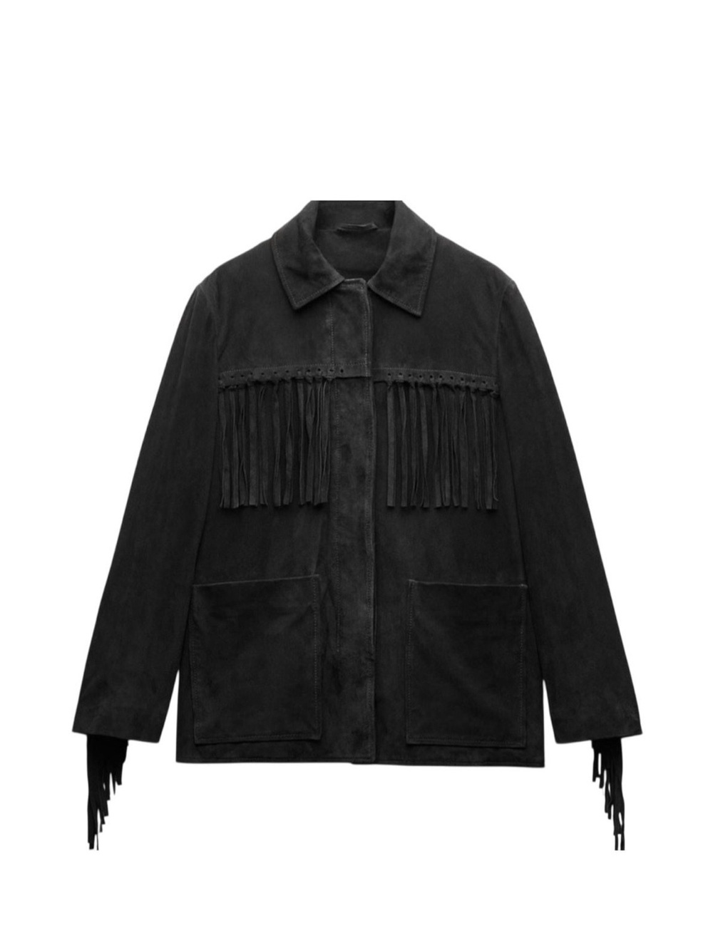 NWOT Zara Black Western Boho Suede Fringe Jacket